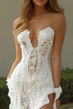 Vestidos de Noiva com Fenda Branco Sem Alças Babados Renda Sereia
