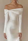 Vestidos de Noiva com Mangas Compridas Branco Fora do Ombro Sereia