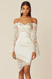 Vestidinho Branco com Mangas Compridas Fora do Ombro Curto/Mini Renda Bodycon