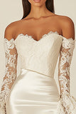 Vestidinho Branco com Renda Fora do Ombro Bodycon Mangas Compridas Cetim