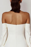 Vestidinho Branco com Arco Cetim Fora do Ombro Bodycon Curto/Mini Mangas Compridas