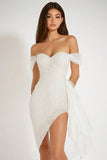 Bodycon Brilhante Fora do Ombro Assimétrico Curto/Mini Vestidinho Branco