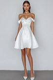 Vestidos Linha-A Fora do Ombro Cetim Curto Vestidinho Branco