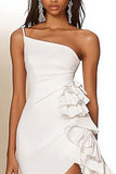Bodycon Um Ombro Babados Cetim Mini Vestidinho Branco