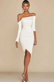 Vestidinho Branco Fora do Ombro Bodycon Mangas Compridas Curto