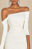 Vestidinho Branco Fora do Ombro Bodycon Mangas Compridas Curto