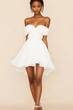 Fora do Ombro Linha-A Chiffon Curto/Mini Vestidinho Branco