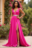 Vestido De Baile com Fenda Fúcsia Linha-A Decote em V Cetim