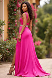 Vestido De Baile com Fenda Fúcsia Linha-A Decote em V Cetim