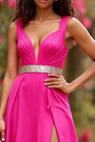 Vestido De Baile com Fenda Fúcsia Linha-A Decote em V Cetim
