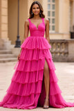 Vestido De Baile com Fenda Fúcsia Linha-A Decote em V Tule Longo