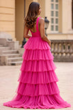 Vestido De Baile com Fenda Fúcsia Linha-A Decote em V Tule Longo