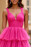 Vestido De Baile com Fenda Fúcsia Linha-A Decote em V Tule Longo