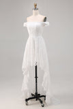 Vestido de Noiva Boho Branco Off the Shoulder Lace High-Low