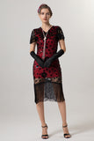 Sparkly preto dourado franjado V pescoço 1920s vestido com mangas curtas