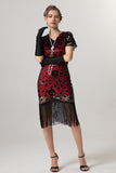 Sparkly preto dourado franjado V pescoço 1920s vestido com mangas curtas
