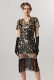 Sparkly preto dourado franjado V pescoço 1920s vestido com mangas curtas