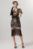 Sparkly preto dourado franjado V pescoço 1920s vestido com mangas curtas