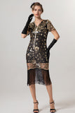 Sparkly preto dourado franjado V pescoço 1920s vestido com mangas curtas