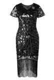 Sparkly preto dourado franjado V pescoço 1920s vestido com mangas curtas