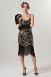Preto Golden Sheath Sequin 1920s Flapper Vestido com Tassles