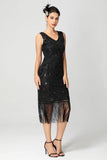 Preto Borgonha Sequin V Pescoço Franjas Midi Flapper Dress