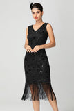 Preto Borgonha Sequin V Pescoço Franjas Midi Flapper Dress