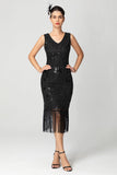 Preto Borgonha Sequin V Pescoço Franjas Midi Flapper Dress