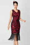 Preto Borgonha Sequin V Pescoço Franjas Midi Flapper Dress