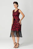 Preto Borgonha Sequin V Pescoço Franjas Midi Flapper Dress