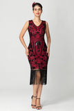 Preto Borgonha Sequin V Pescoço Franjas Midi Flapper Dress