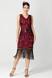Preto Borgonha Sequin V Pescoço Franjas Midi Flapper Dress