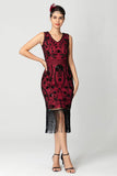 Preto Borgonha Sequin V Pescoço Franjas Midi Flapper Dress