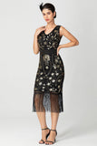 Preto Borgonha Sequin V Pescoço Franjas Midi Flapper Dress