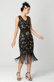 Preto Borgonha Sequin V Pescoço Franjas Midi Flapper Dress