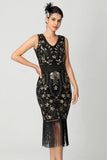 Preto Borgonha Sequin V Pescoço Franjas Midi Flapper Dress