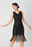 Lantejoulas Franjas Preto Borgonha 1920s Vestido com Missangas