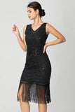 Lantejoulas Franjas Preto Borgonha 1920s Vestido com Missangas