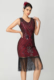 Lantejoulas Franjas Preto Borgonha 1920s Vestido com Missangas
