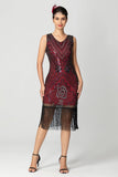 Lantejoulas Franjas Preto Borgonha 1920s Vestido com Missangas