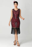 Lantejoulas Franjas Preto Borgonha 1920s Vestido com Missangas