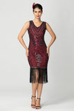 Lantejoulas Franjas Preto Borgonha 1920s Vestido com Missangas