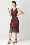 Lantejoulas Franjas Preto Borgonha 1920s Vestido com Missangas