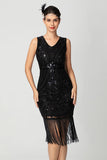 Bainha com franjas Sequin V Neck Preto Bugundy Vestido dos anos 1920