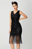Bainha com franjas Sequin V Neck Preto Bugundy Vestido dos anos 1920