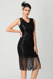 Bainha com franjas Sequin V Neck Preto Bugundy Vestido dos anos 1920