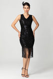 Bainha com franjas Sequin V Neck Preto Bugundy Vestido dos anos 1920
