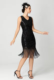 Bainha com franjas Sequin V Neck Preto Bugundy Vestido dos anos 1920