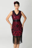 Bainha com franjas Sequin V Neck Preto Bugundy Vestido dos anos 1920