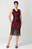 Bainha com franjas Sequin V Neck Preto Bugundy Vestido dos anos 1920